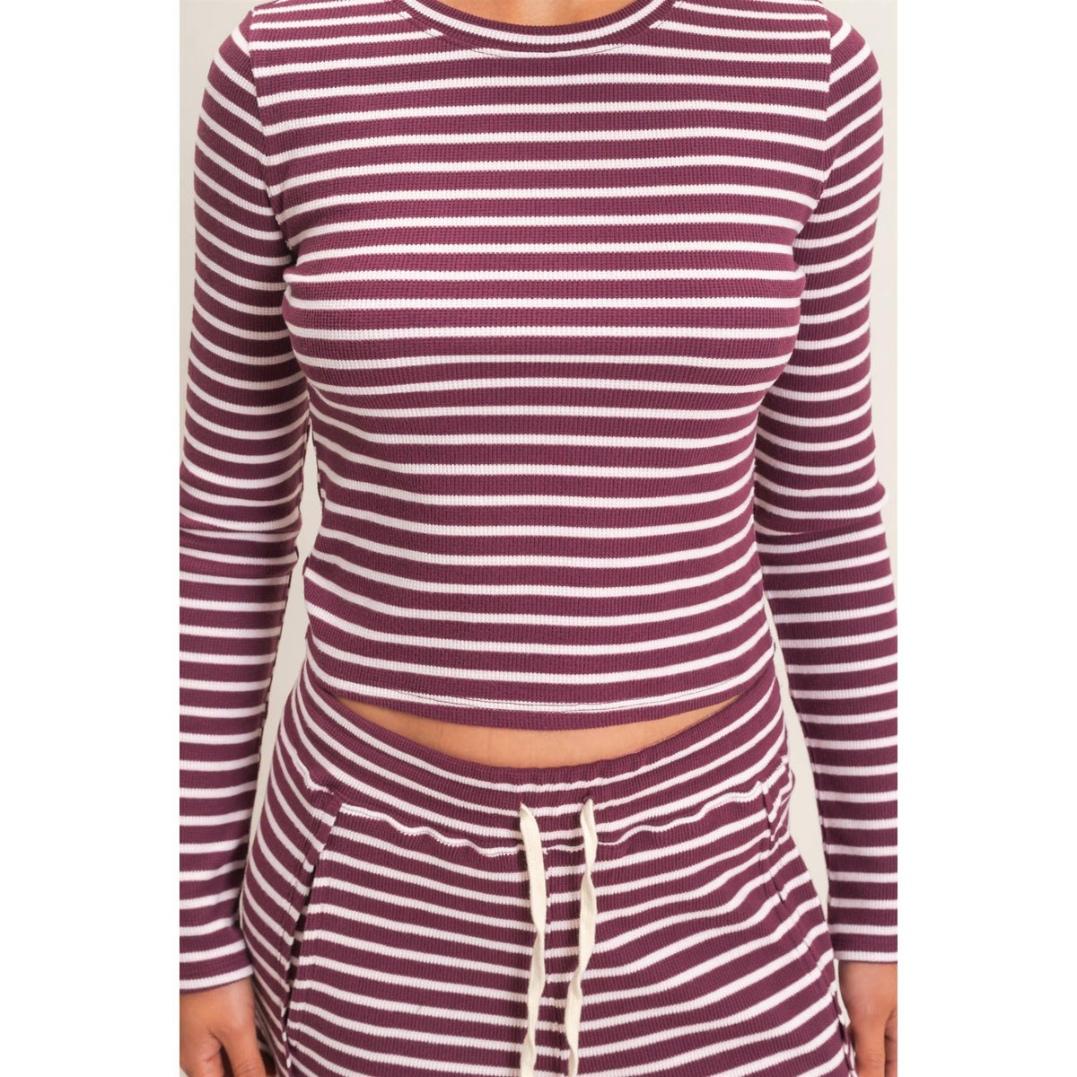 Striped Waffle Long Sleeve Top & Pants Set -- Dark Cherry