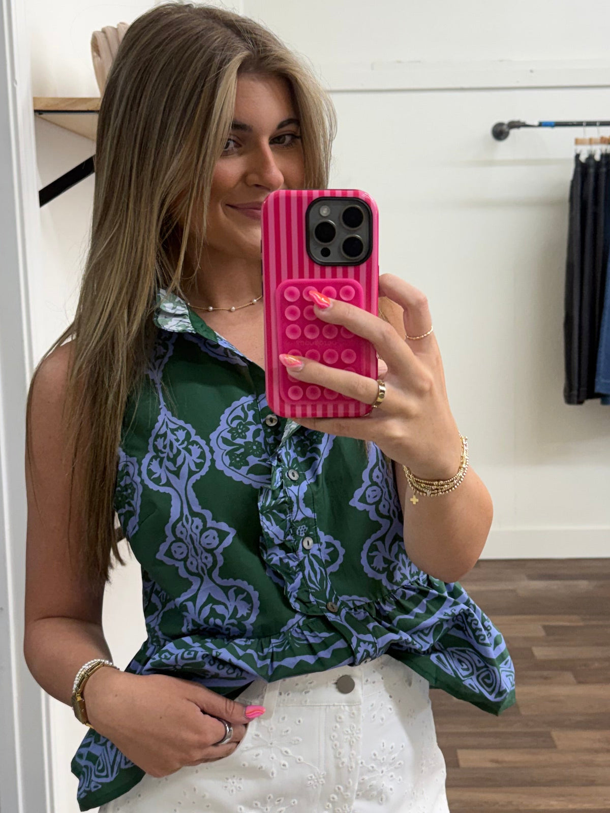 Green Blue Printed Sleeveless Blouse