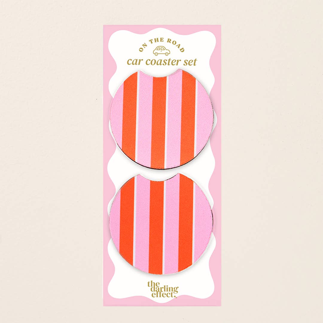On the Road Car Coaster Set–Sicily Stripes Pink