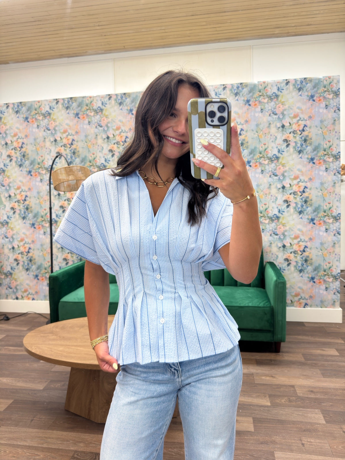 Gingham blue pleated button down top