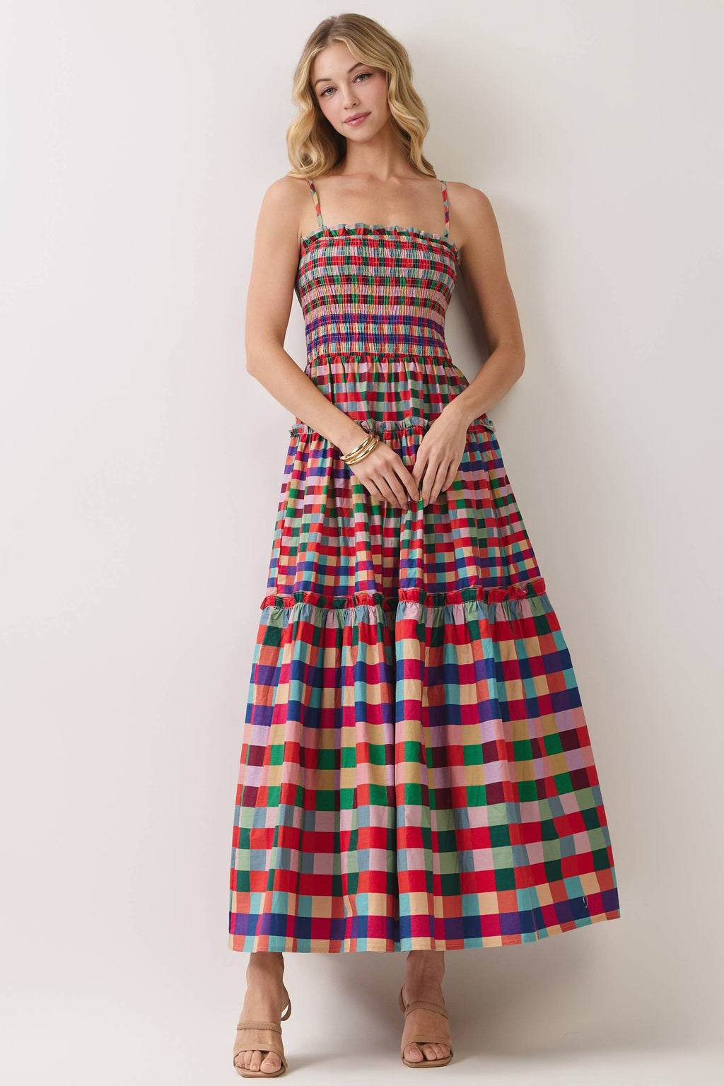 CD07440-Smocked Bodice Plaid Tiered Maxi Dress: MULTI / S