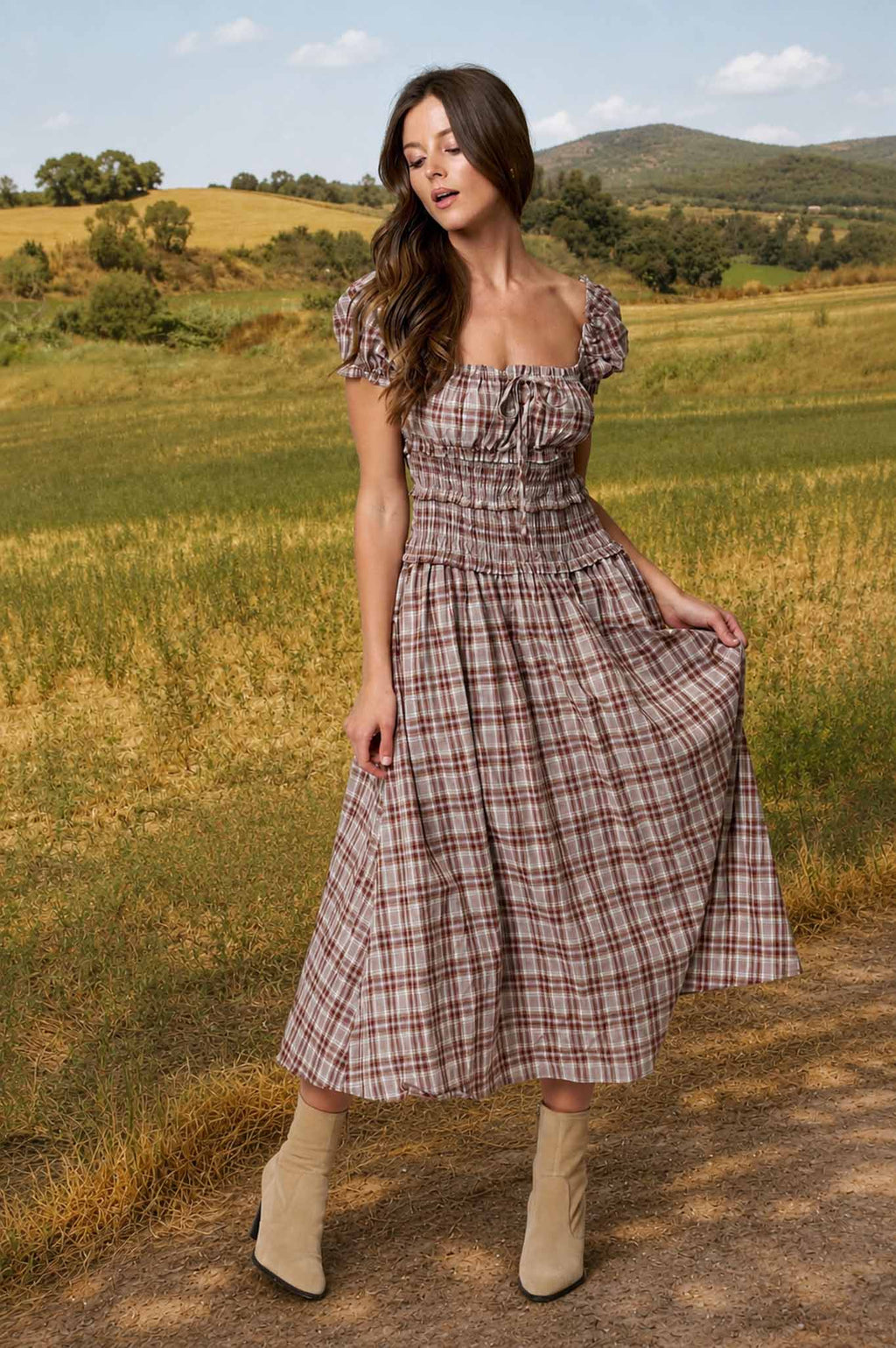 PLAID PUFF SLEEVE RUFFLED SMOCKED WAIST MIDI DRESS (PRE-ORDER): BURGUNDY