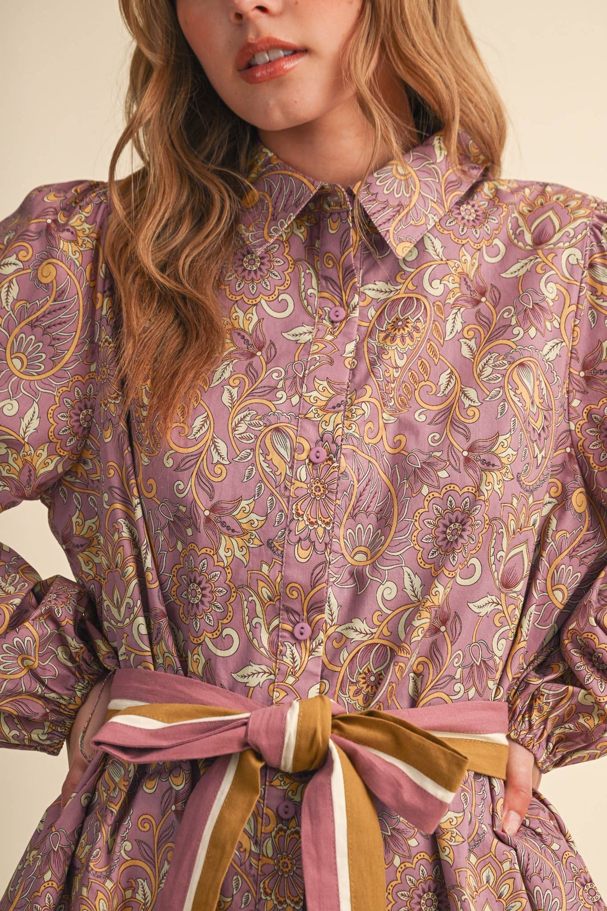 FLORAL PAISLEY BUTTON DOWN BELTED MINI DRESS MDR5148: DUSTY TEAL PAISLEY / S