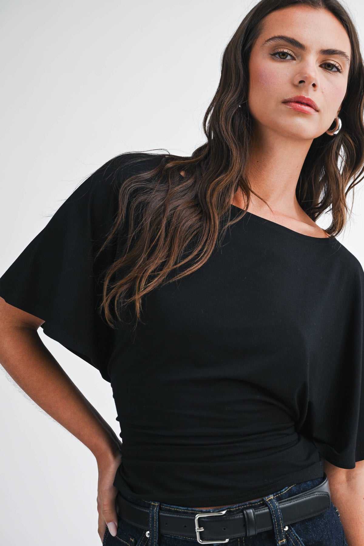 Draped Short Sleeve Back Tie Top