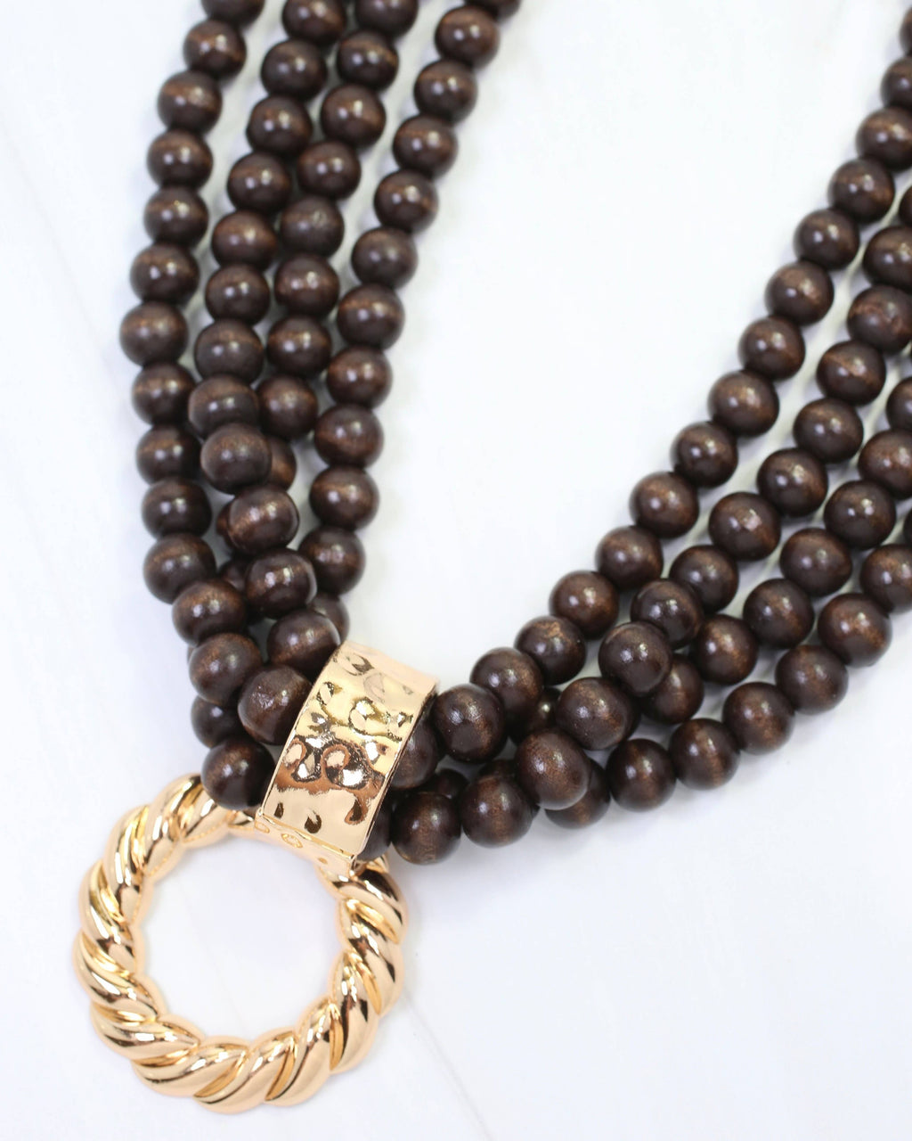 Margaux Wooden Bead Layered Necklace with Pendant Dark Brown: Default