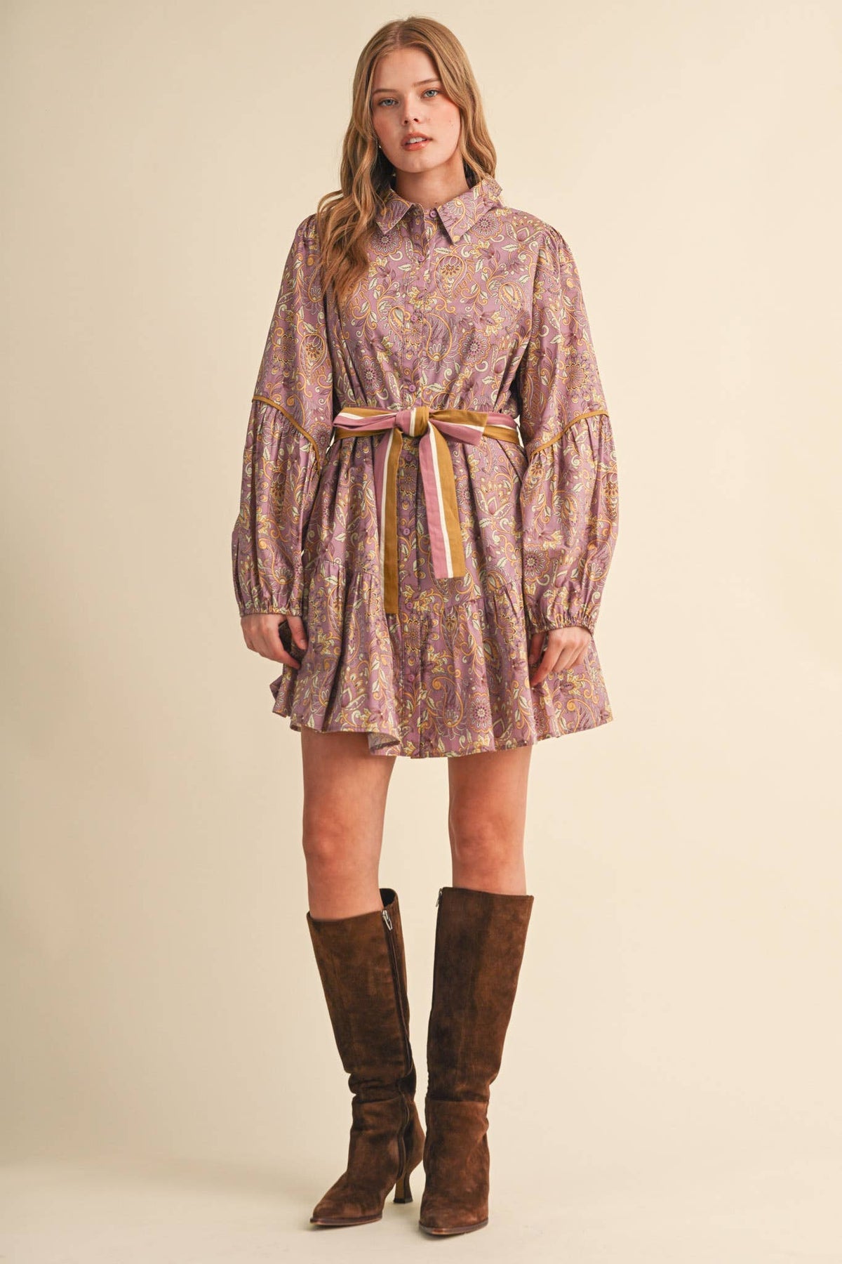 FLORAL PAISLEY BUTTON DOWN BELTED MINI DRESS MDR5148: DUSTY TEAL PAISLEY / M