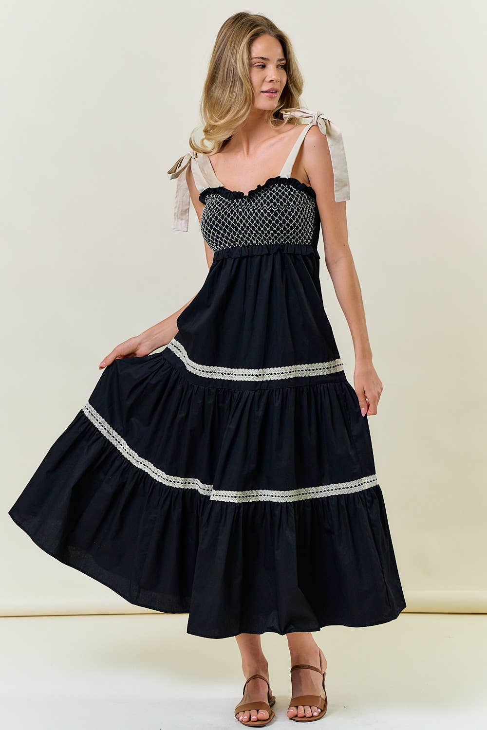 SMOCKED SLEEVELESS TIE STRAP TIERED MAXI DRESS