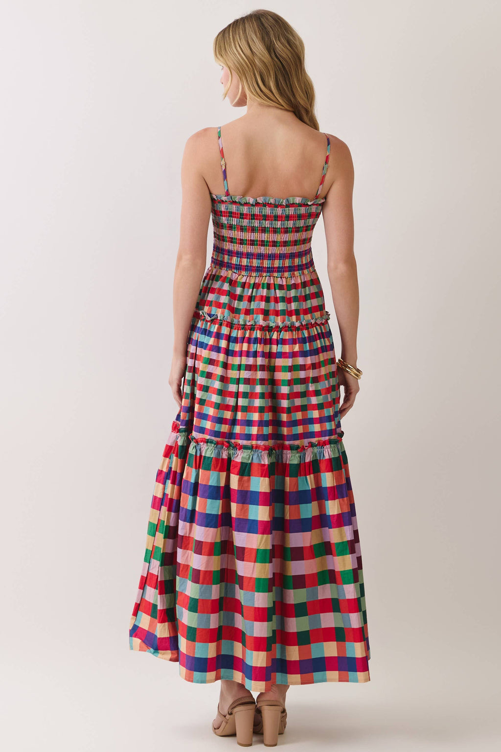 CD07440-Smocked Bodice Plaid Tiered Maxi Dress: MULTI / S