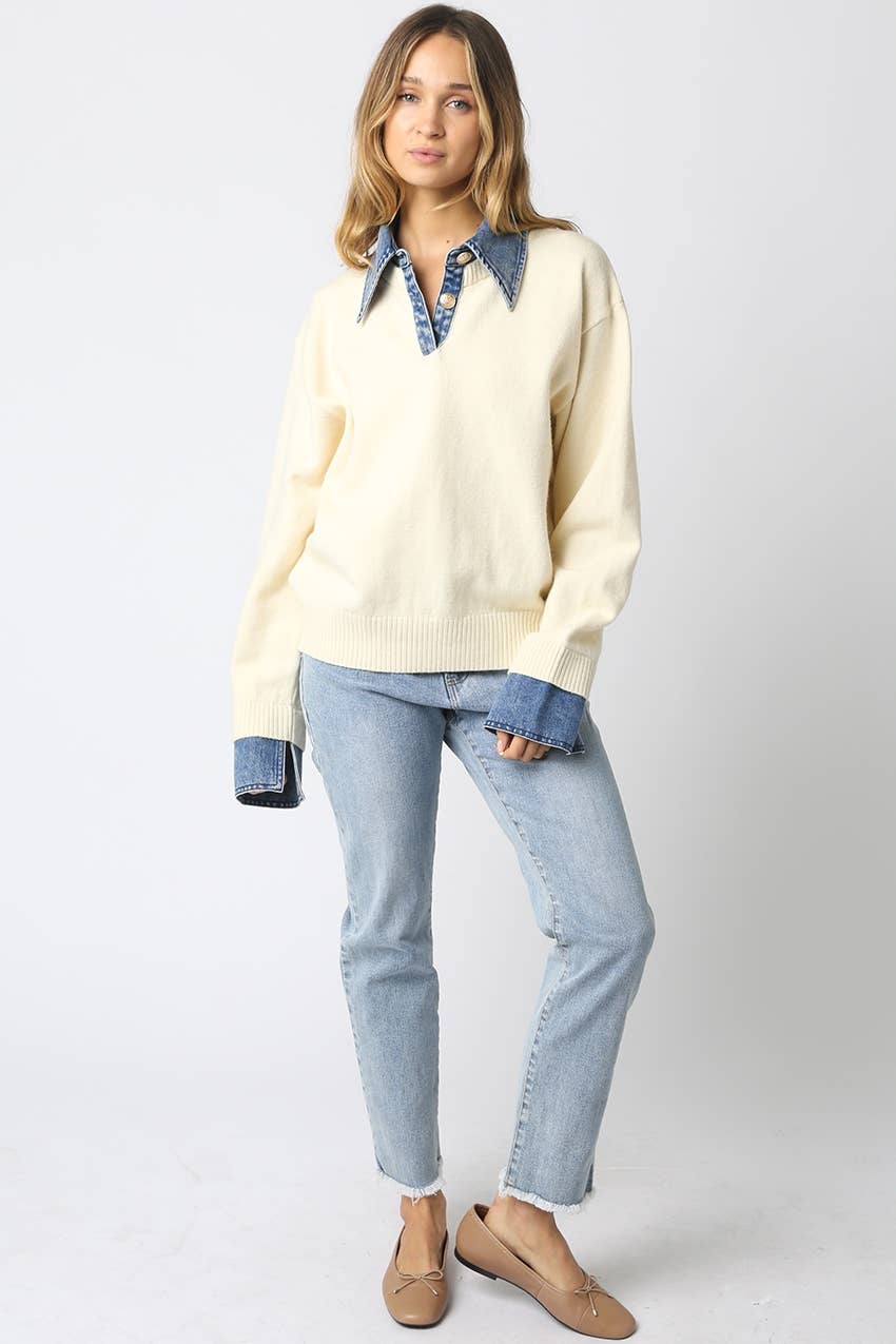Emely Contrast Knit Sweater: KHAKI LT DENIM / M