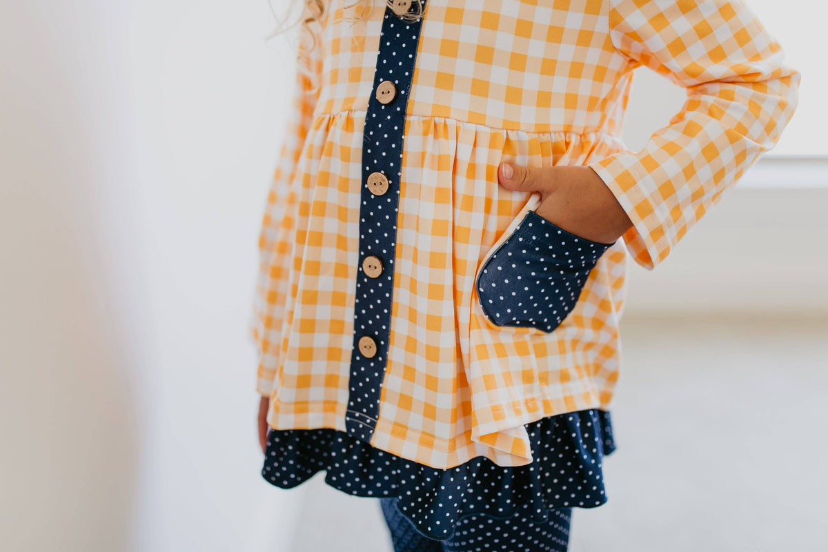 GIRLS YELLOW GINGHAM AND NAVY POLKA DOT SET