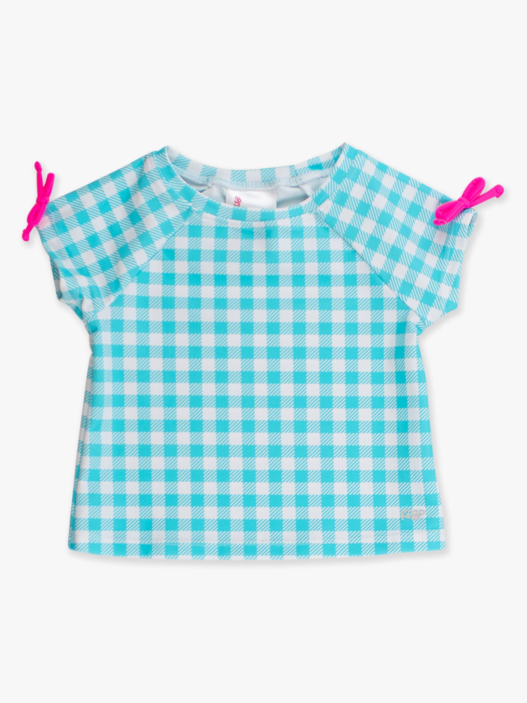 Girls Bright Aqua Gingham Active Raglan Bow Shirt