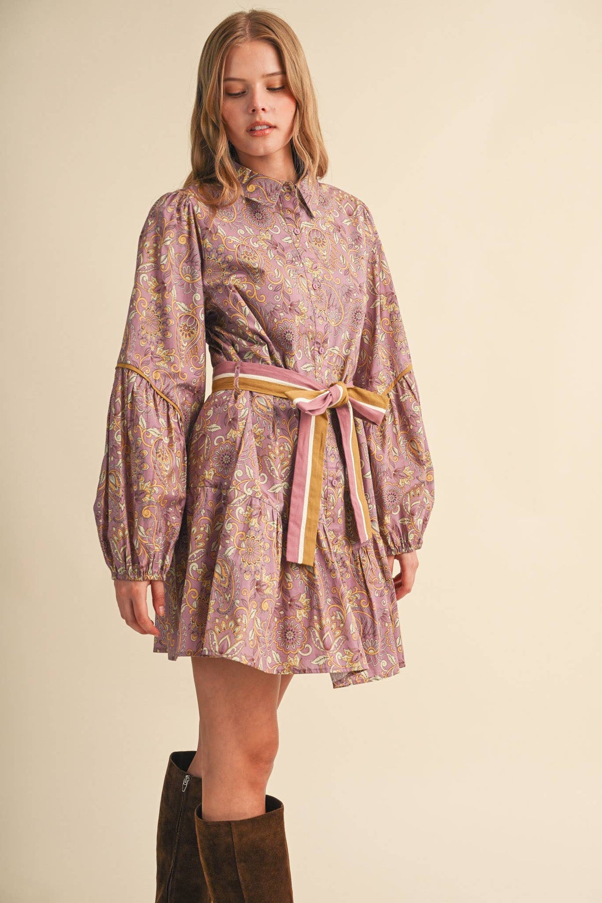 FLORAL PAISLEY BUTTON DOWN BELTED MINI DRESS MDR5148: DUSTY TEAL PAISLEY / M