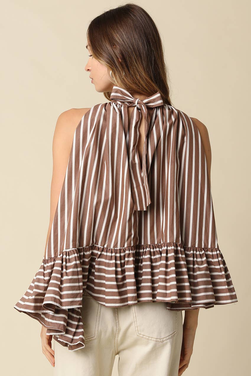 Bea Stripe Halter Ruffle Blouse: Brown / Contemporary / L