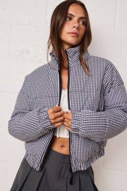 PJ16891-1 - GINGHAM ZIP UP PUFFER JACKET: Green / M