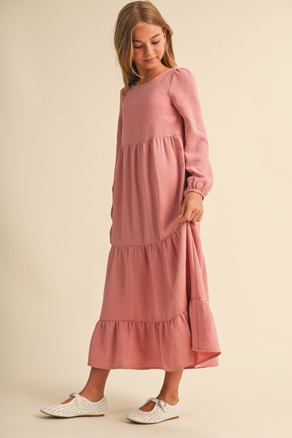 PRE-ORDER- TWEEN KIDS GIRLS MAXI TIERED DRESS (7-14): Mauve / 11/12