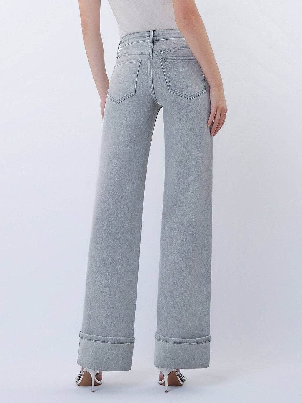 MID RISE FULL LENGTH GREY CUFFED WIDE LEG JEANS F9054GY: GREY / 25