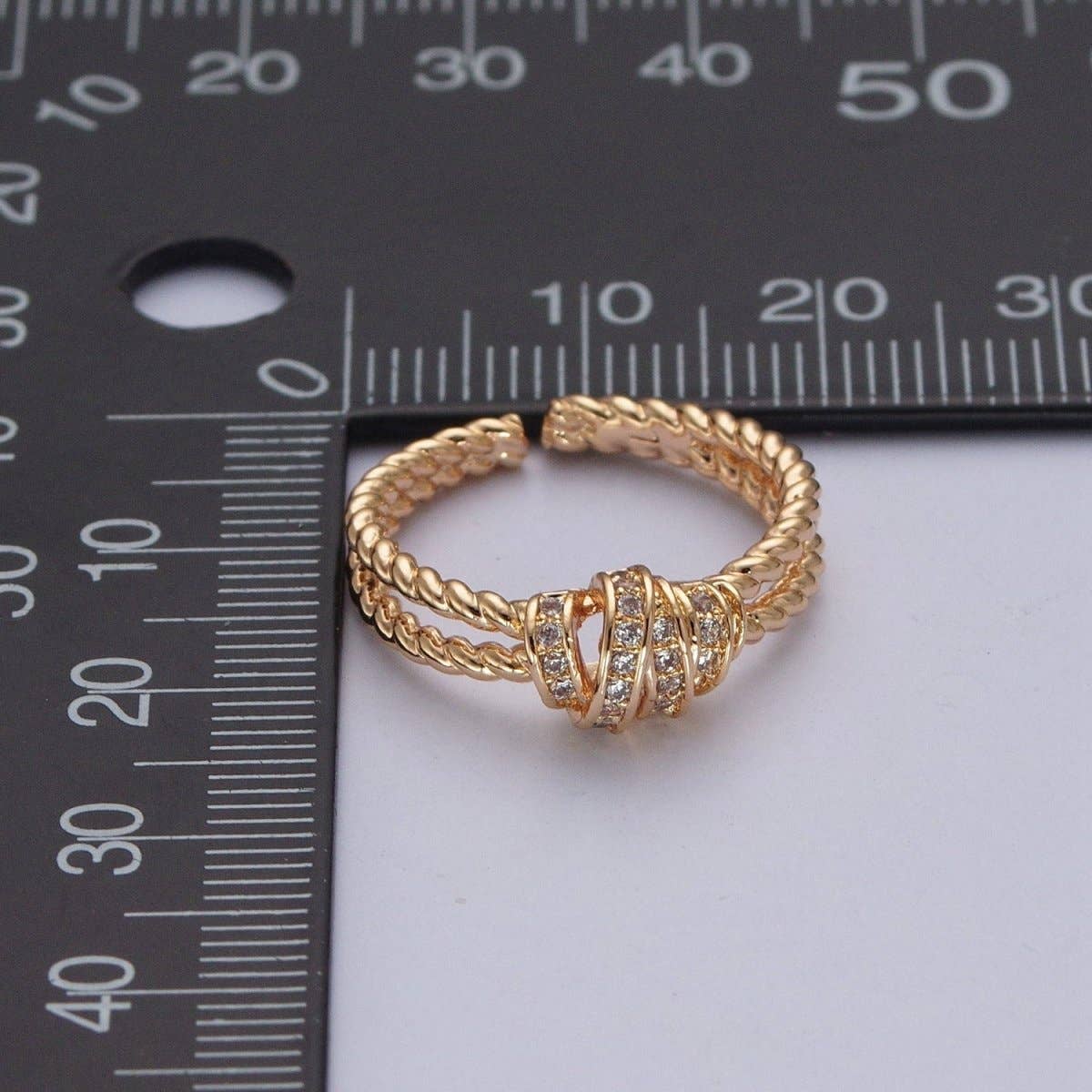 Gold Micro Pave Cubic Zirconia CZ Twist Double Band Adjustable Ring O-448