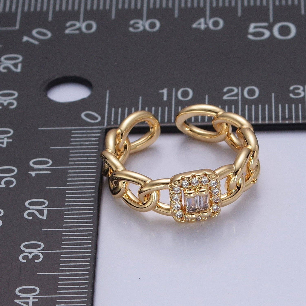 Tiny Baguette Square Ring with Curb Chain Link Band O2283