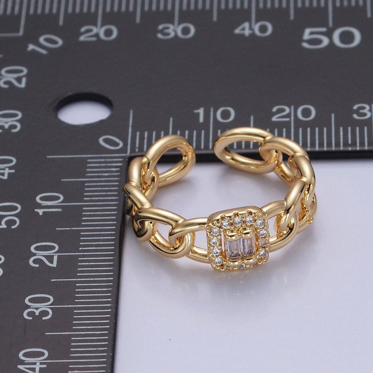 Tiny Baguette Square Ring with Curb Chain Link Band O2283