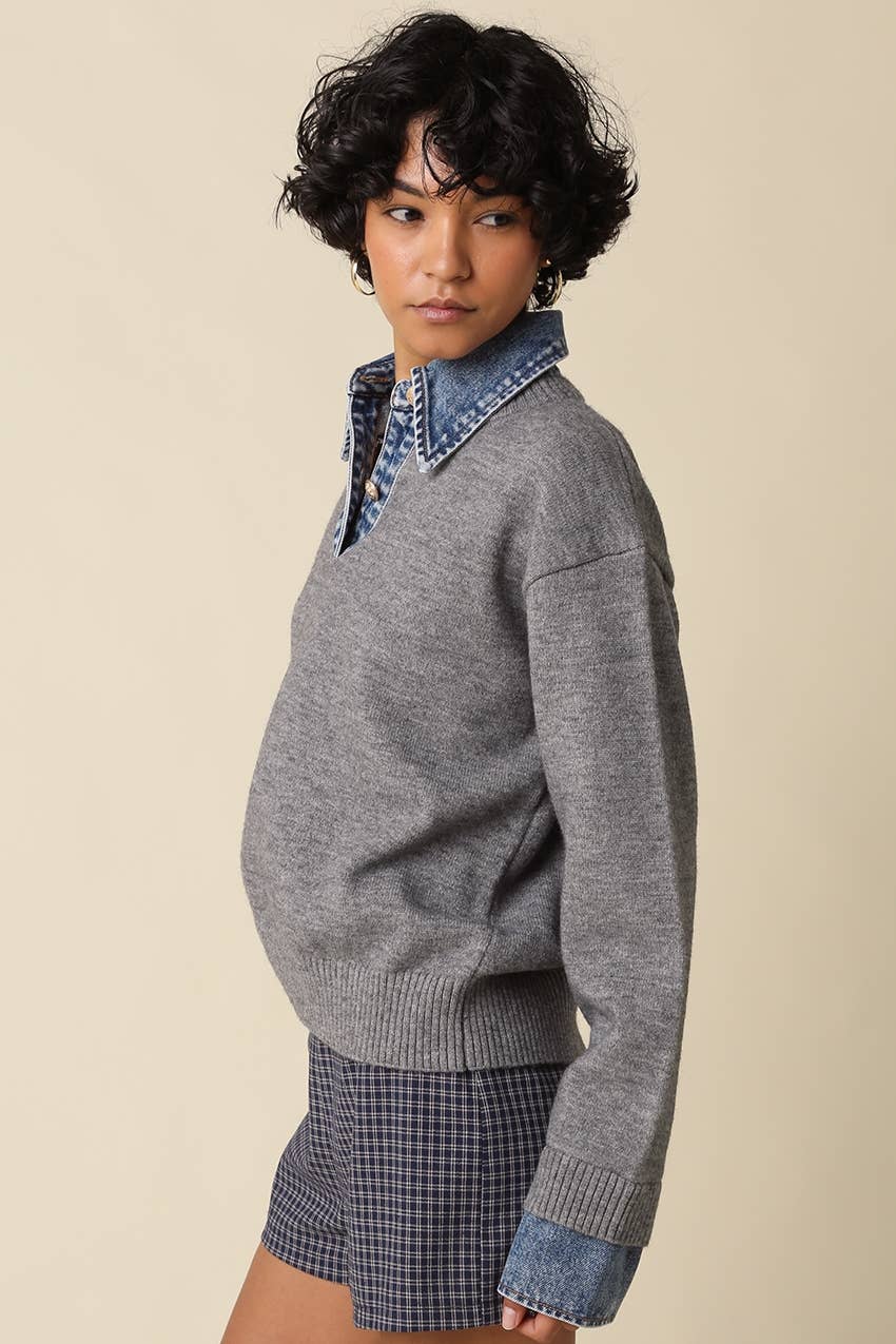 Emely Contrast Knit Sweater: KHAKI LT DENIM / S