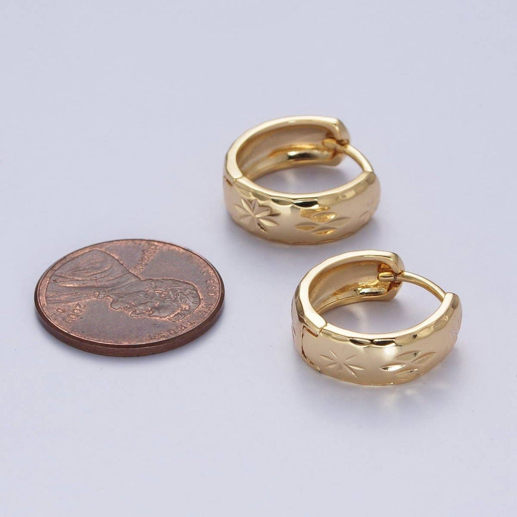 Gold Earrings with Textured North Star Carved Wide Small Huggie Hoop Earrings - AD-480