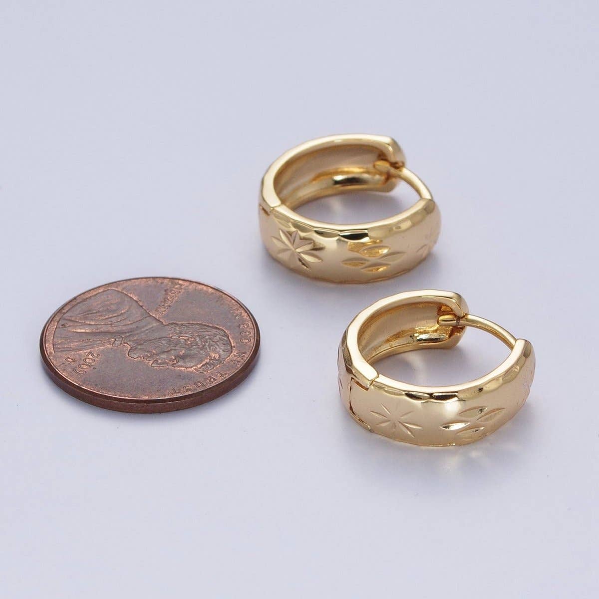 Gold Earrings with Textured North Star Carved Wide Small Huggie Hoop Earrings - AD-480