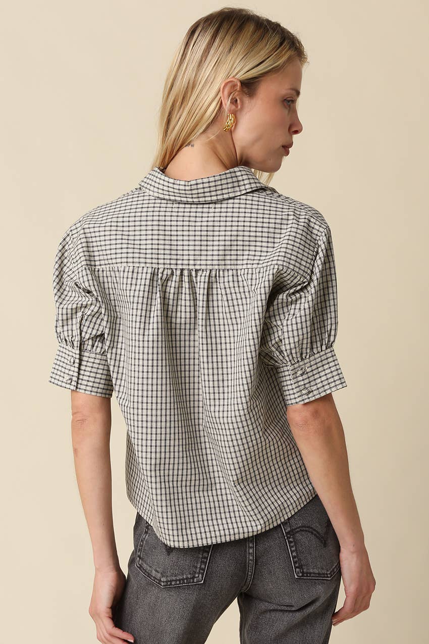 Charis Puff Sleeve Gingham Blouse: Cream Black
