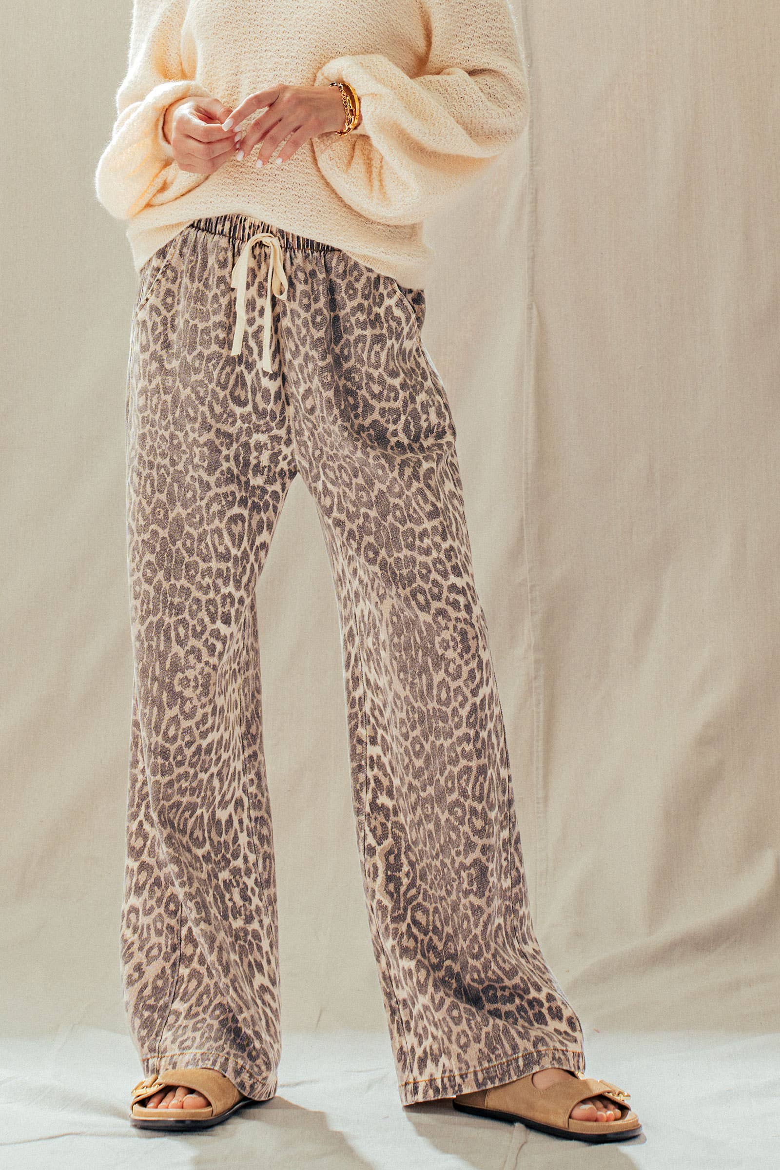 Leopard Print Wide Leg Cotton Pants Drawstring: