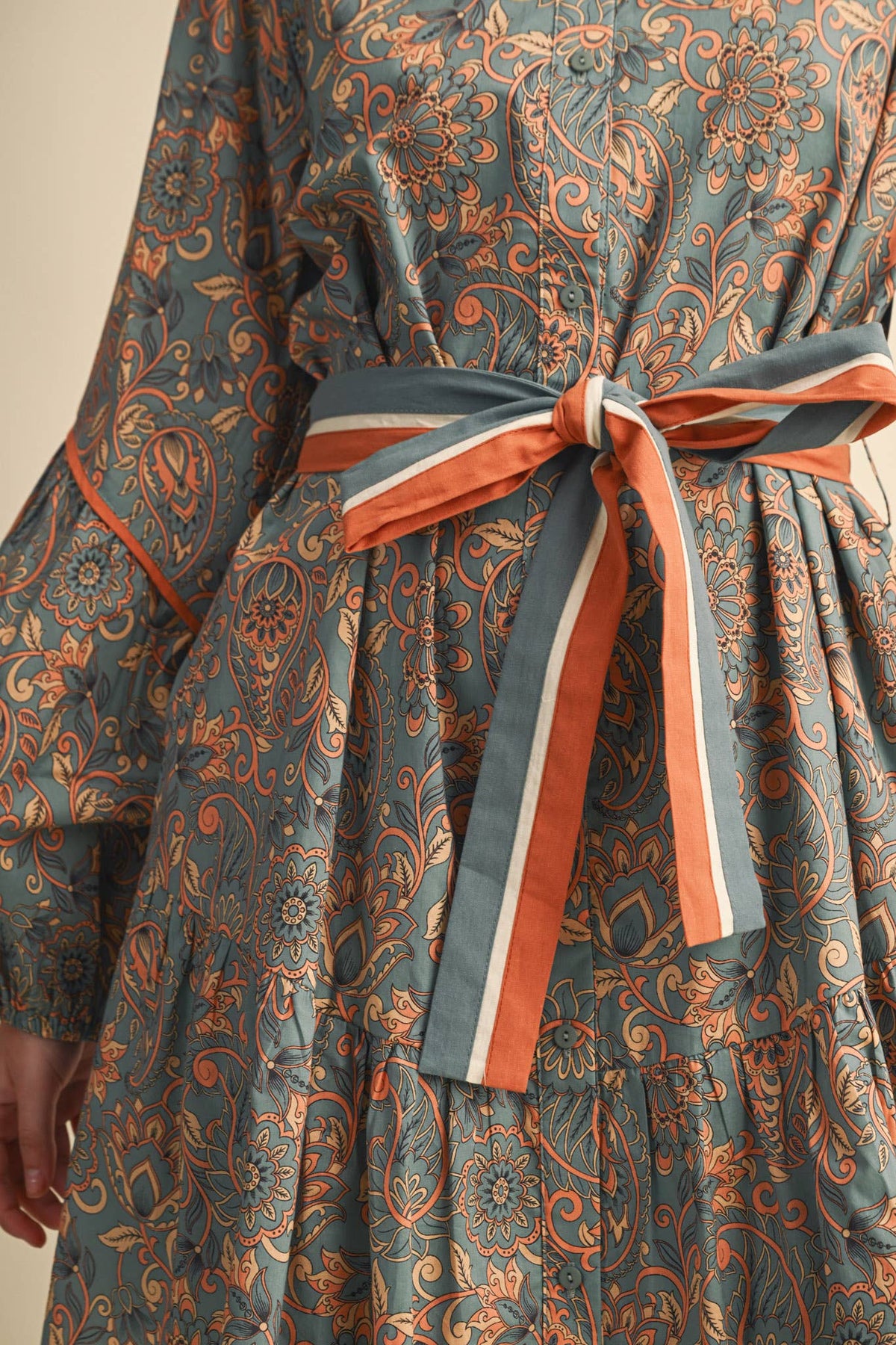 FLORAL PAISLEY BUTTON DOWN BELTED MINI DRESS MDR5148: DUSTY TEAL PAISLEY / S