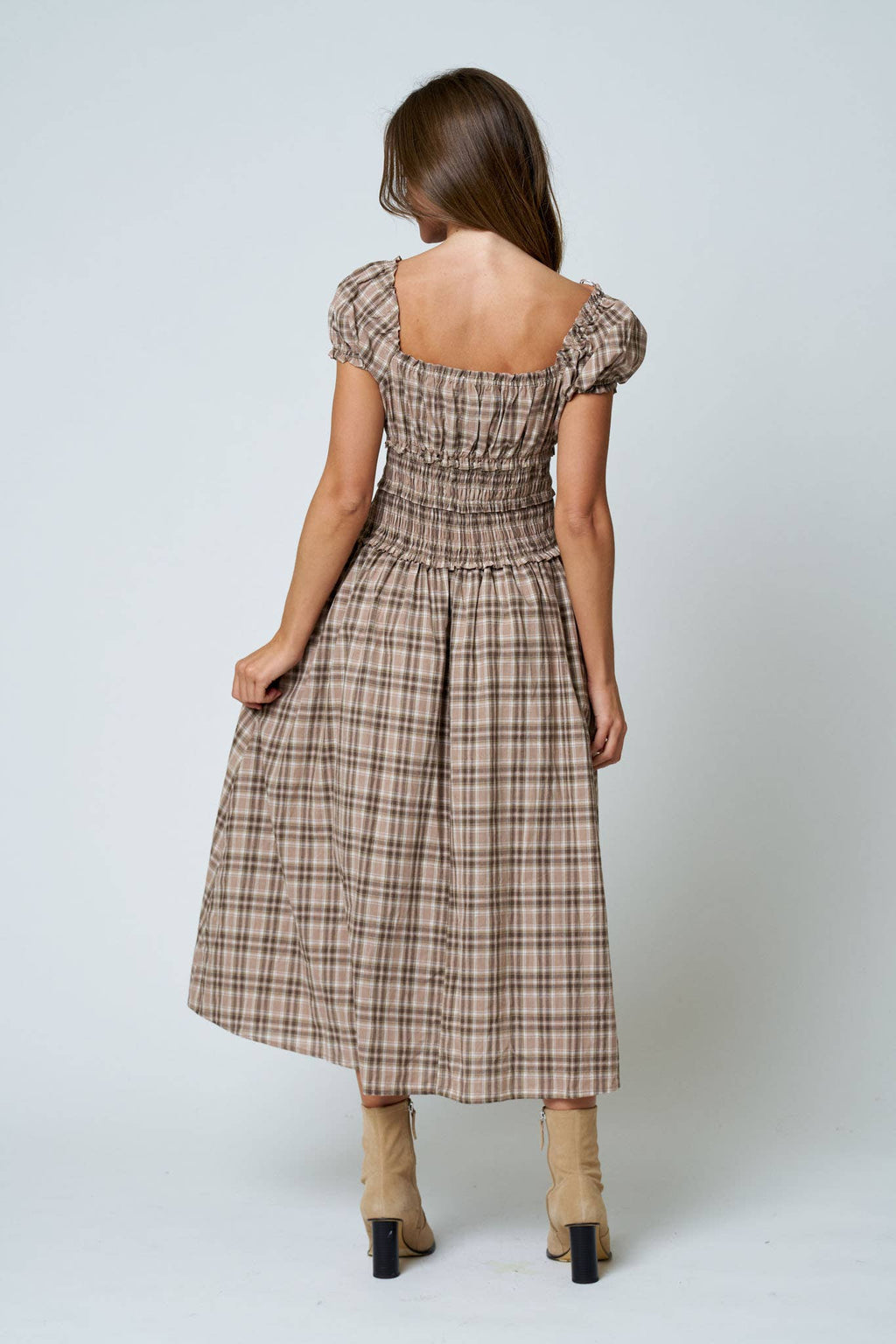 PLAID PUFF SLEEVE RUFFLED SMOCKED WAIST MIDI DRESS (PRE-ORDER): BURGUNDY