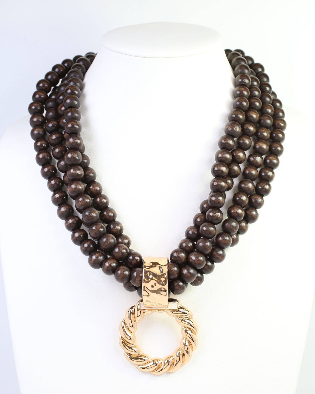 Margaux Wooden Bead Layered Necklace with Pendant Dark Brown: Default