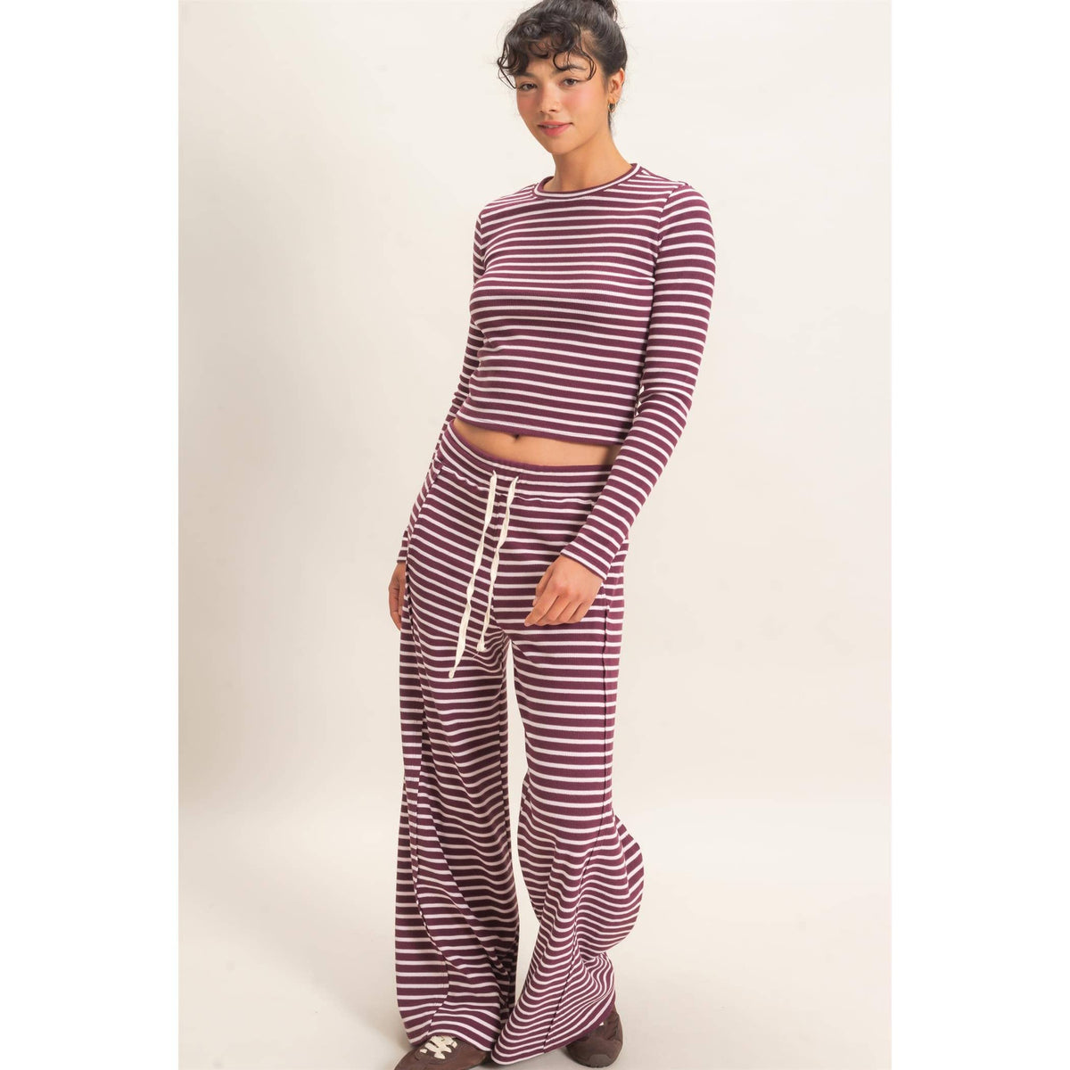 Striped Waffle Long Sleeve Top & Pants Set -- Dark Cherry