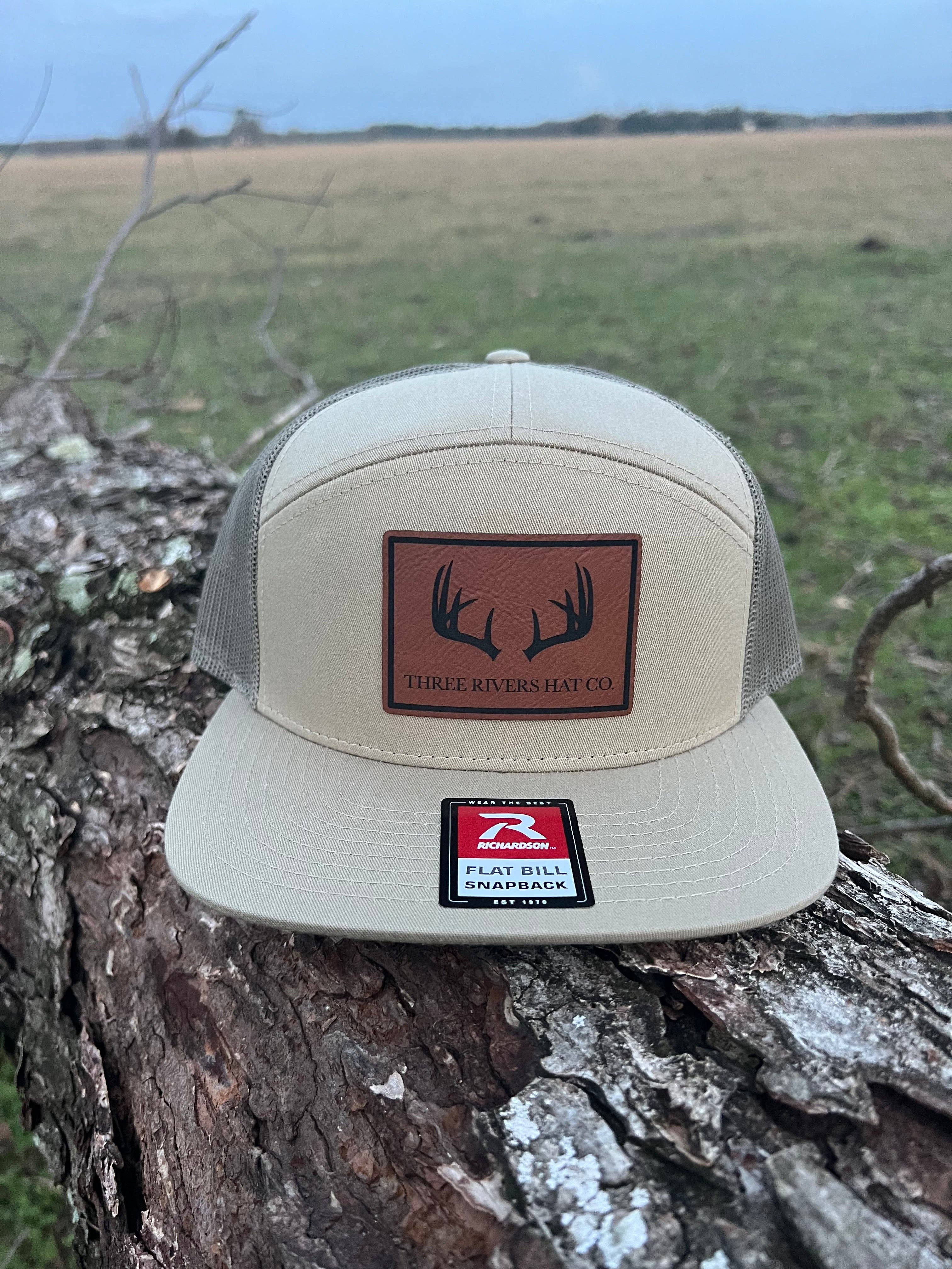 Deer Horns - Flatbill Snapback Hat - Richardson 168 7 panel: Dark Brown/Khaki