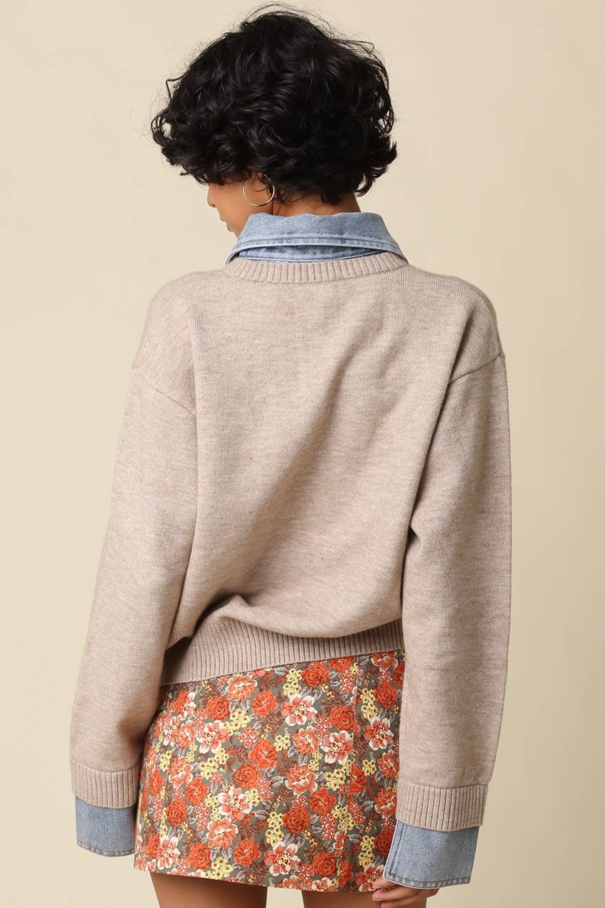 Emely Contrast Knit Sweater: KHAKI LT DENIM / S