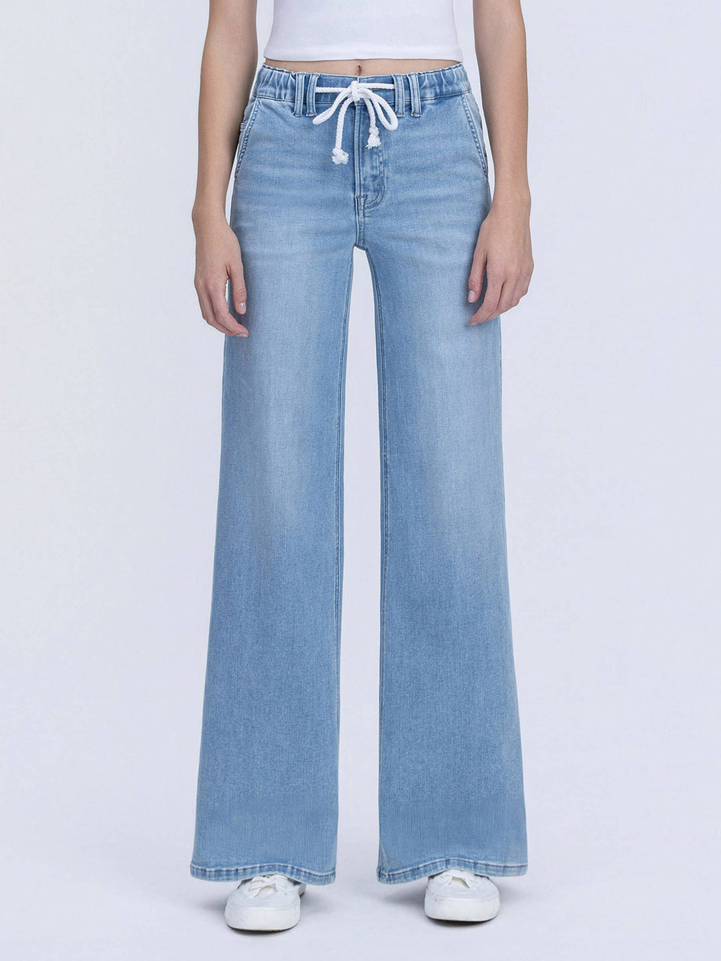HIGH RISE ELASTIC WB WITH DRAWSTRING WIDE LEG JEANS