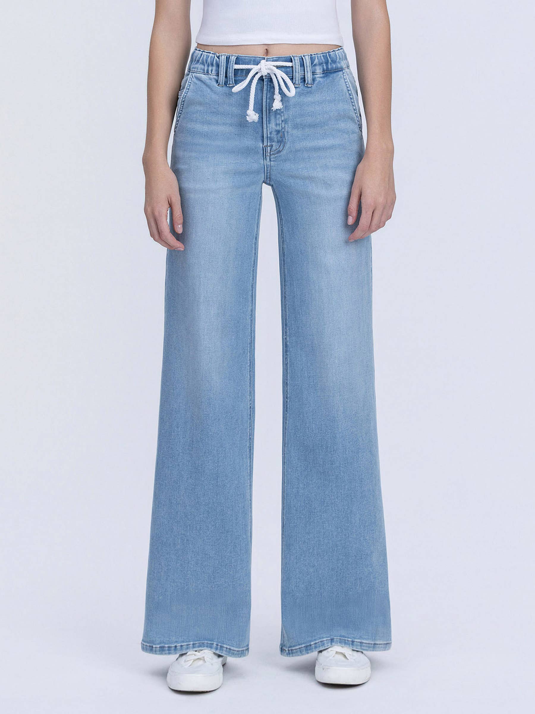 HIGH RISE ELASTIC WB WITH DRAWSTRING WIDE LEG JEANS