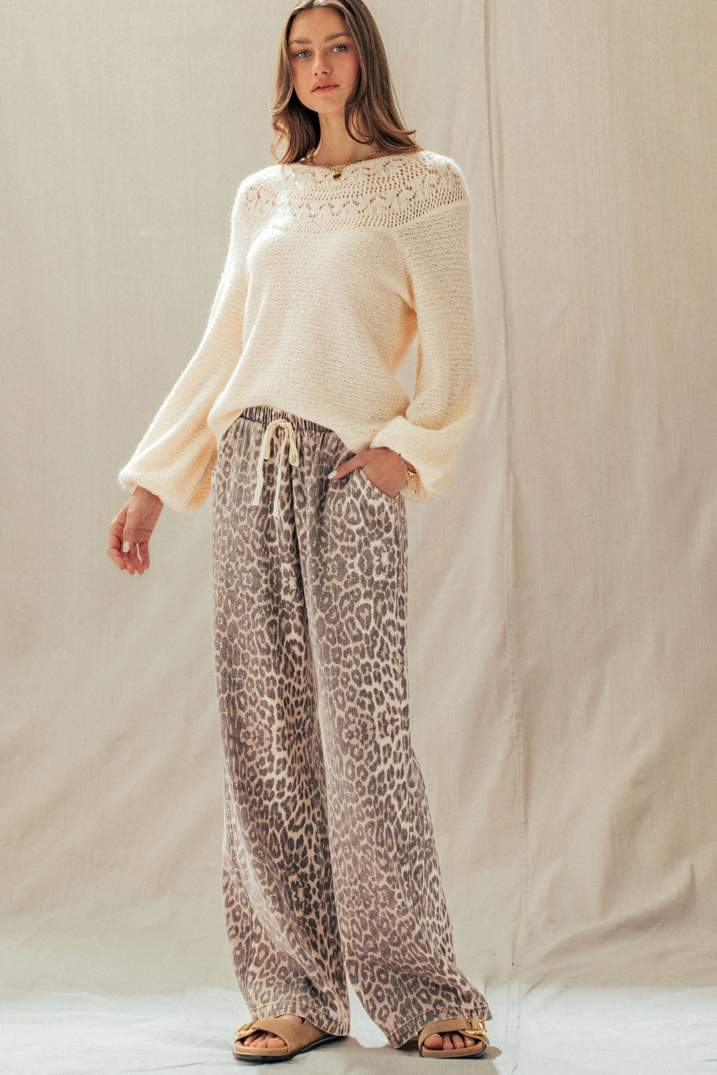 Leopard Print Wide Leg Cotton Pants Drawstring: