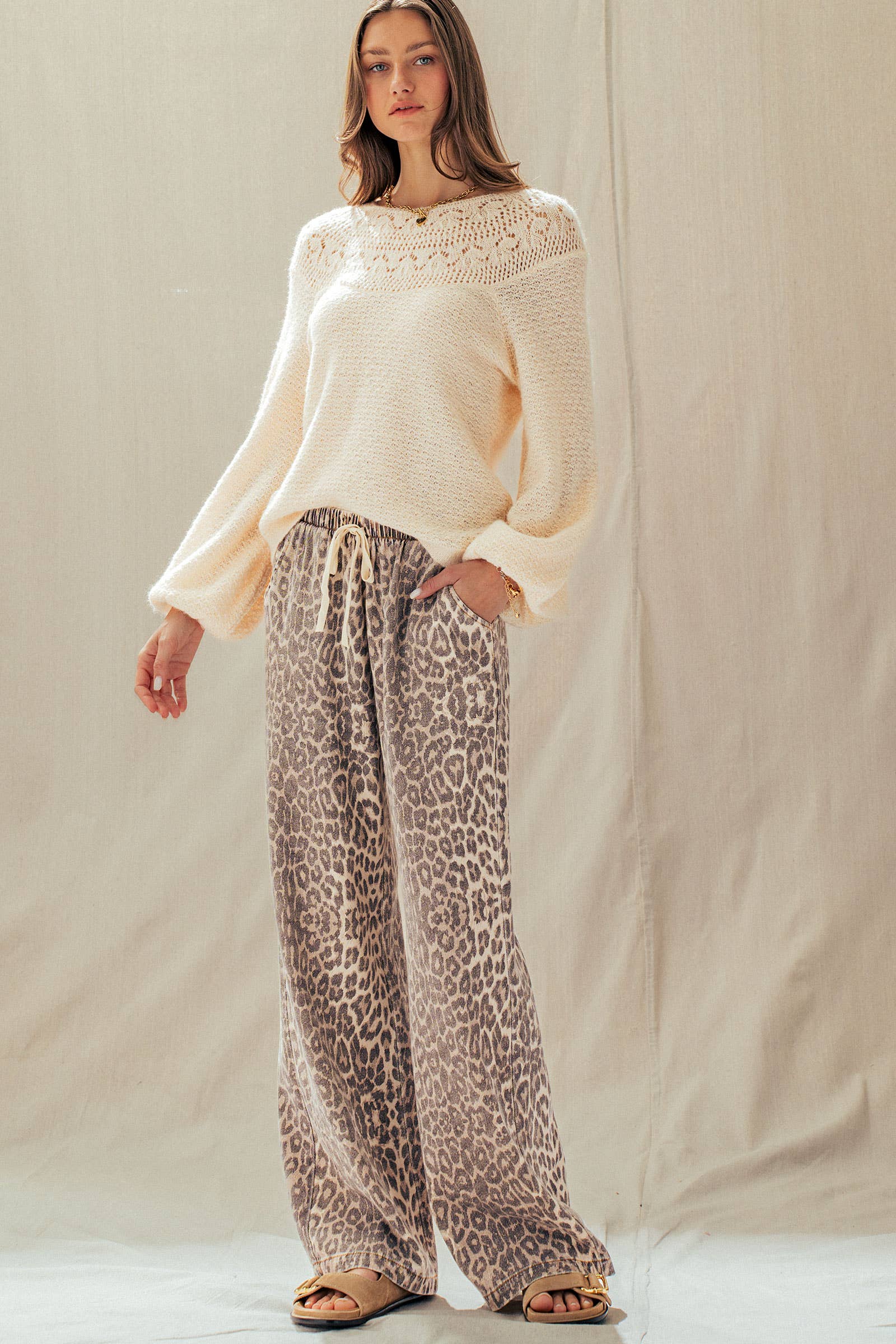 Leopard Print Wide Leg Cotton Pants Drawstring: