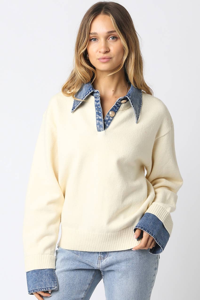 Emely Contrast Knit Sweater: KHAKI LT DENIM / S