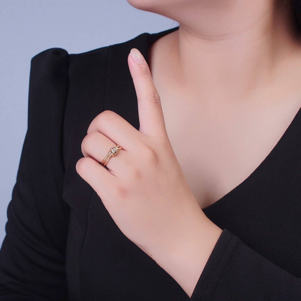 Gold Micro Pave Cubic Zirconia CZ Twist Double Band Adjustable Ring O-448