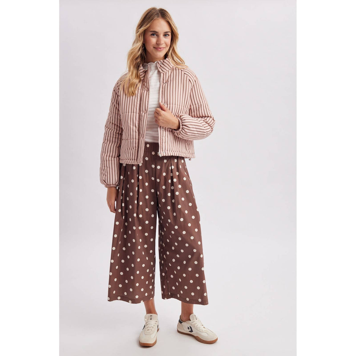 HIGH NECK STRIPED PUFFER SNAP ZIP JACKET / WL26-13438: BROWN/D.BLUSH / S-M-L(2-2-2)