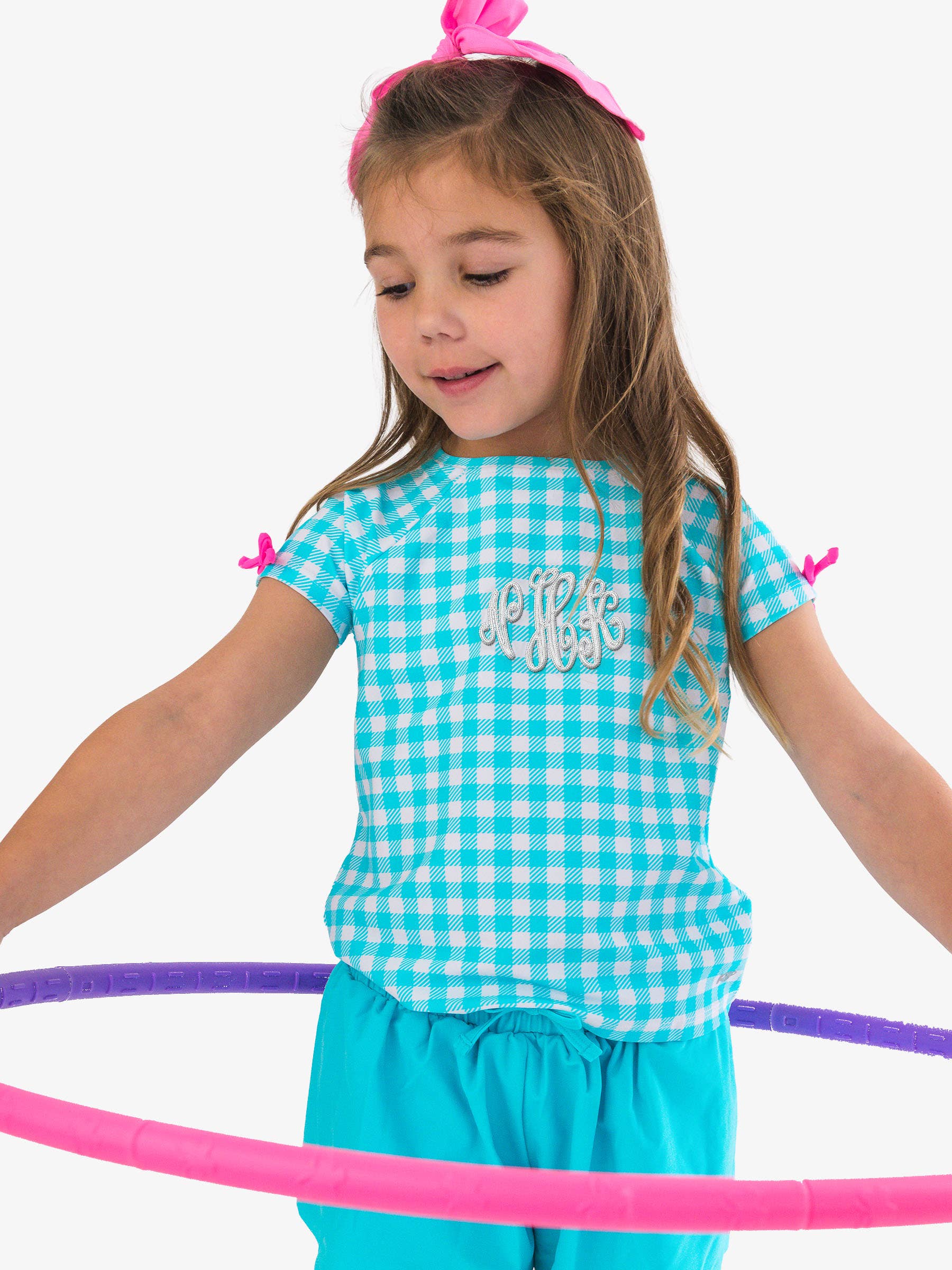 Girls Bright Aqua Gingham Active Raglan Bow Shirt