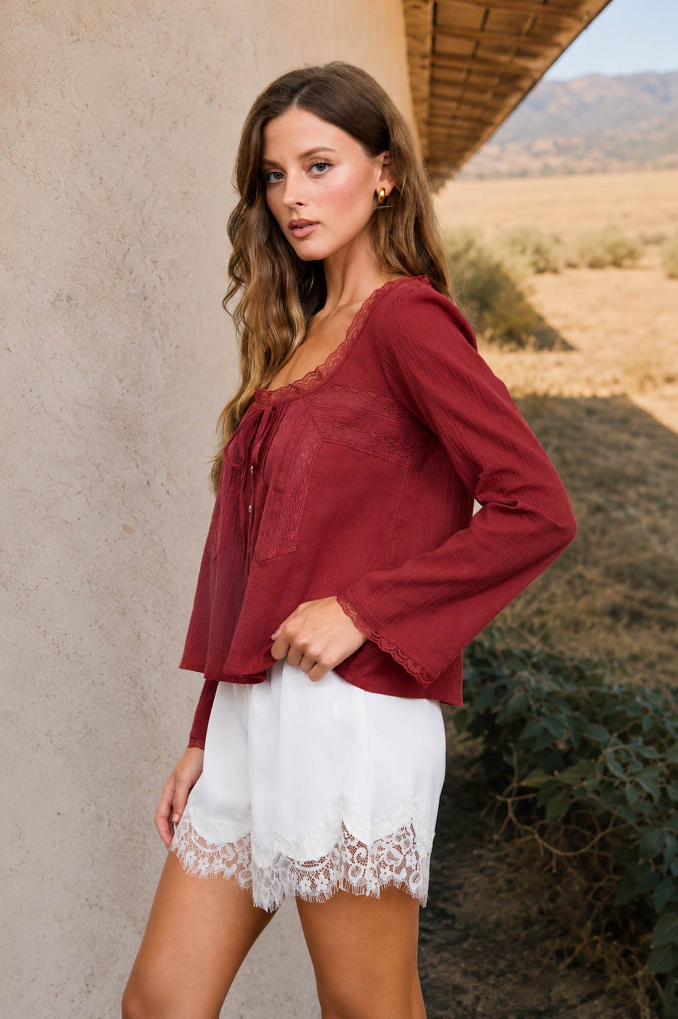 SCOOP NECK FRONT TIE LACE TRIM LONG SLEEVE TOP : BRICK