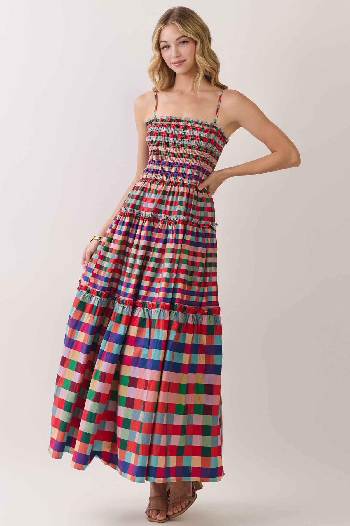 CD07440-Smocked Bodice Plaid Tiered Maxi Dress: MULTI / L