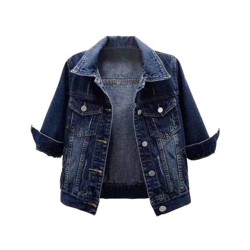 Women's Trucker Denim Jacket, Short, 3/4 Sleeve, Dark Denim