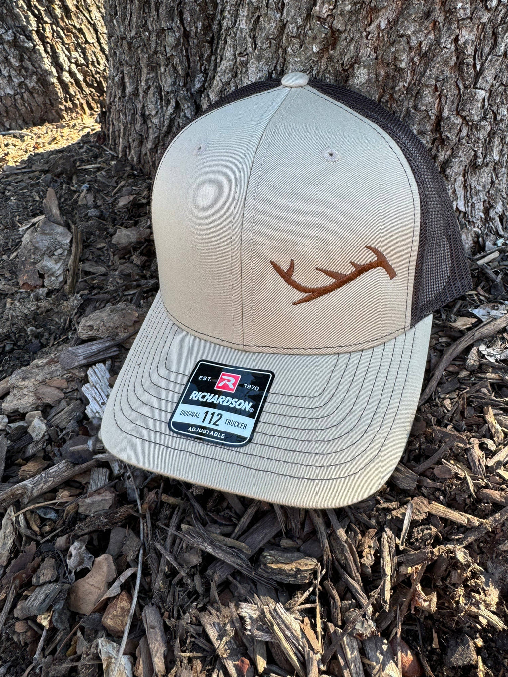 Antler Trucker Hat: Khaki/Coffee