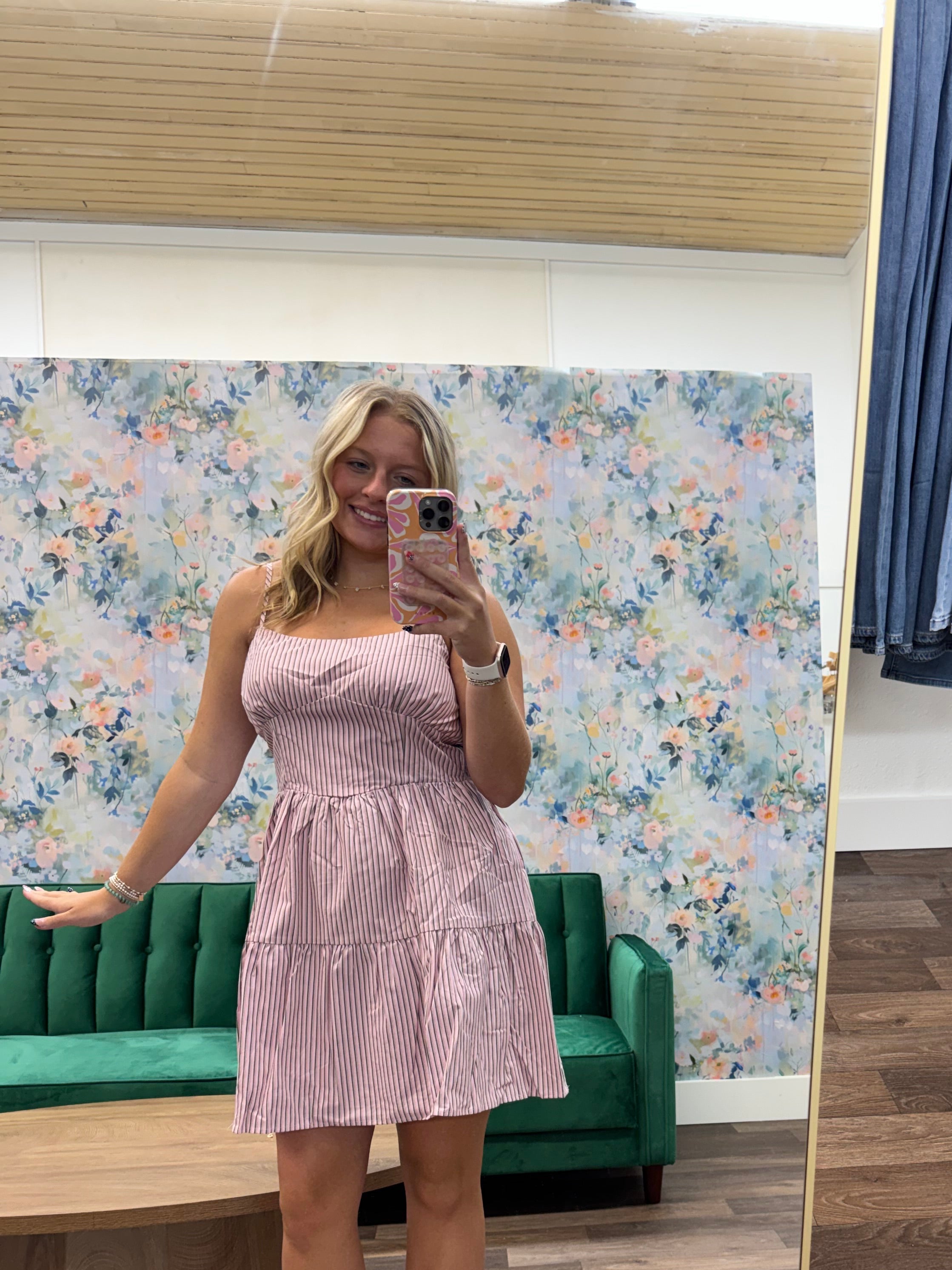 Pink and green multi striped dress
