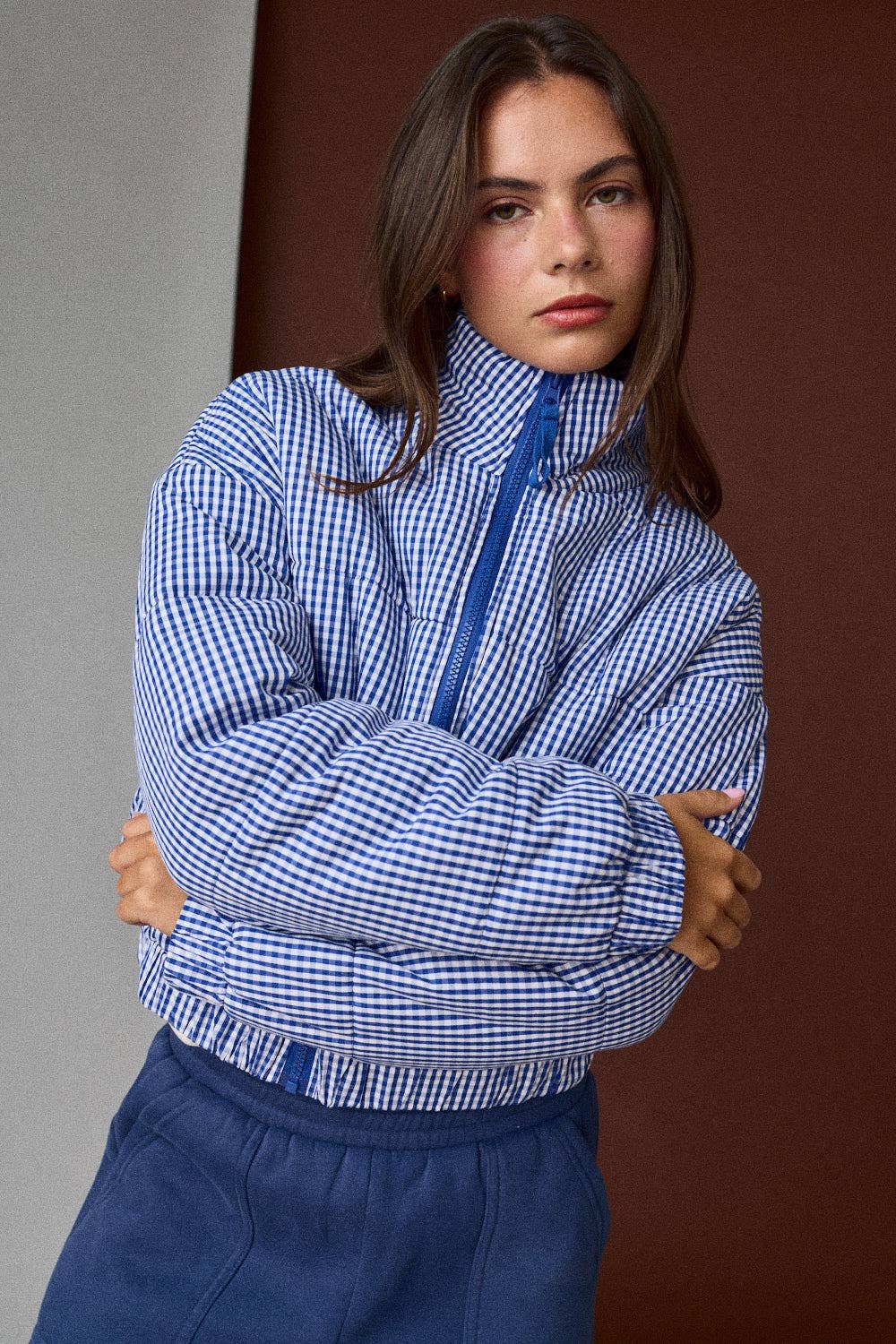 PJ16891-1 - GINGHAM ZIP UP PUFFER JACKET: Green / M