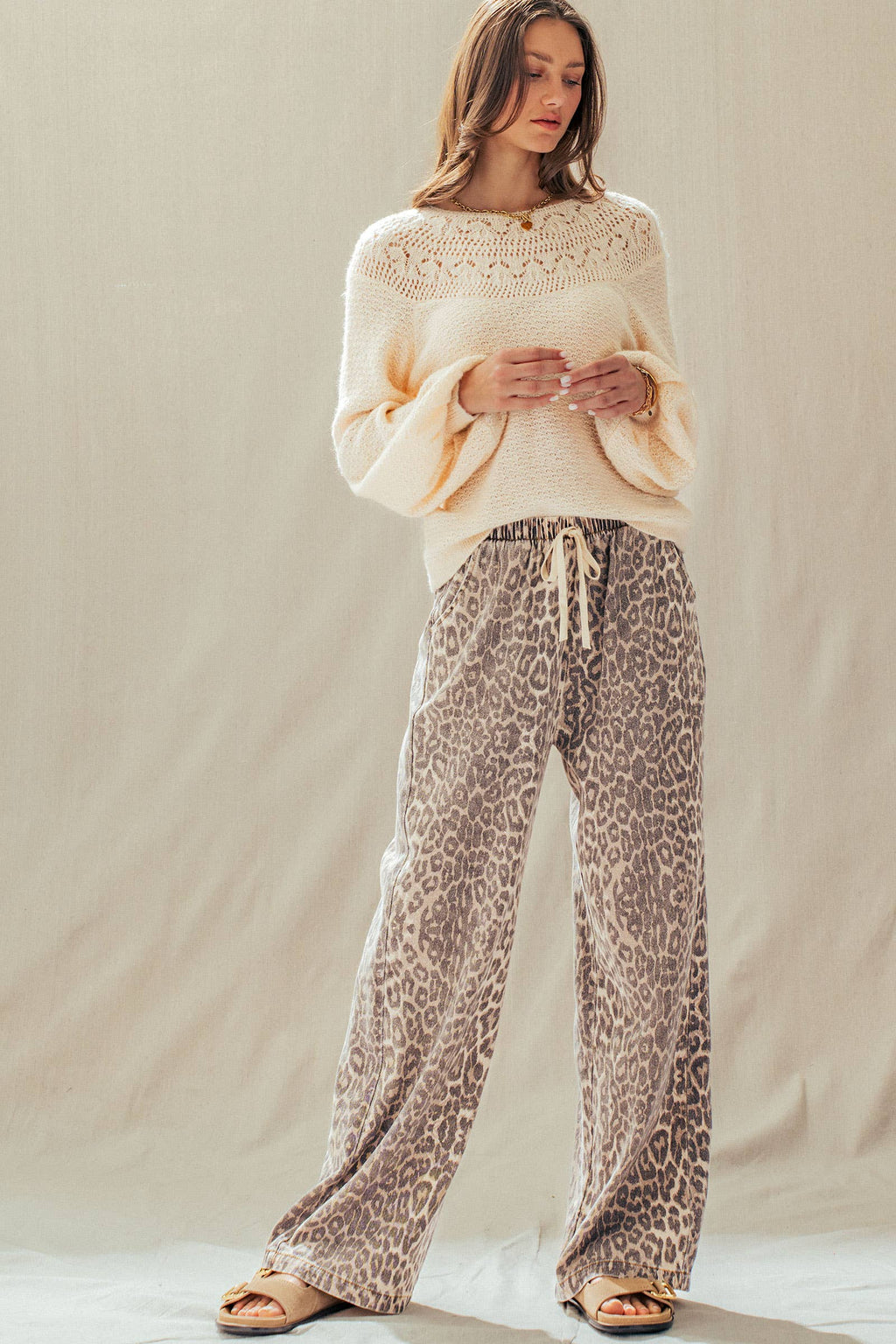 Leopard Print Wide Leg Cotton Pants Drawstring: