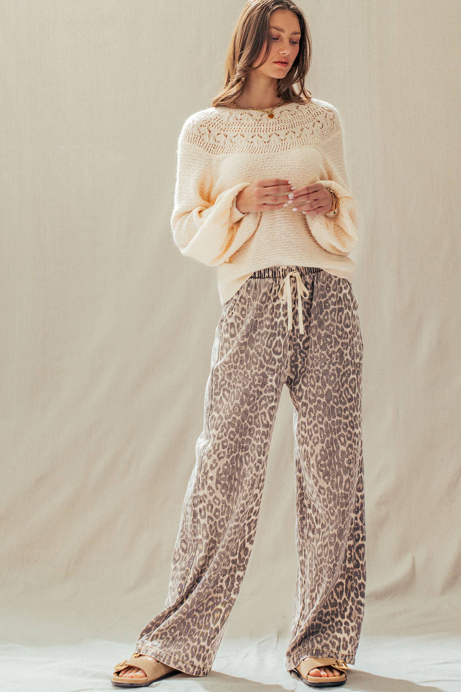 Leopard Print Wide Leg Cotton Pants Drawstring: